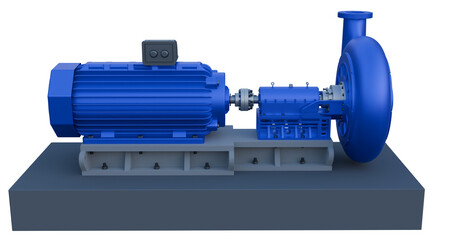 3D Rendering of Pump and motor skid; industrial pumping system; Centrifugal pump assembly