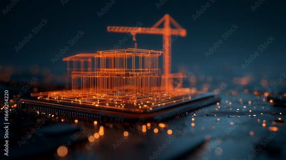 Aufkleber digital rendition of a building under construction with an orange glow atop a computer chip, concept