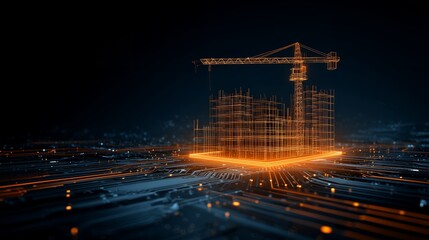 Digital construction site with crane outline over circuit board backdrop, glowing orange color. Concept for technology integration, infrastructure visualization, and architectural innovation