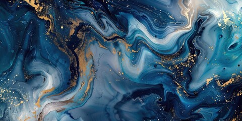 Blue, gold swirling paint; abstract art background; design element