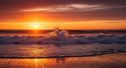 Ocean sunset with crashing waves