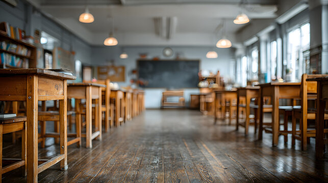 School classroom in blur background without young stdent. Blurry view of elemetary class room no kid or eacher with chairs and tabes in campus. Back to schol concept