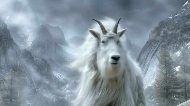 Majestic Mountain Goat in Winter Wonderland with Snowy Peaks Background.