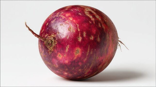 Round purple beet with slight roots on white surface under even lighting