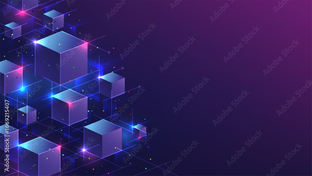 Poster technology abstract digital network background with glowing cubes in purple blue and pink futuristic