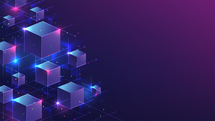 technology abstract digital network background with glowing cubes in purple blue and pink futuristic design featuring interconnected data lines and particles creating a modern cyber science concept