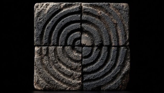 Dark gray square tile with intricate concentric circular patterns. Intricate carved design, geometric, symmetrical, and repeating spiral motifs. Centered, black background isolates tile