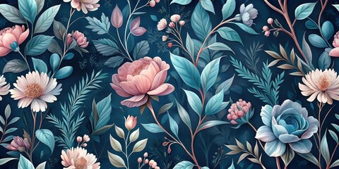 Fototapeta premium Serene Teal and Rose Floral Botanical Print Featuring Delicate Blooms and Lush Greenery, Ideal for Textile Design or Wallpaper Applications