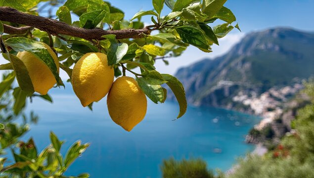 Amalfi Coast lemons, tree branch, coastal view, summer