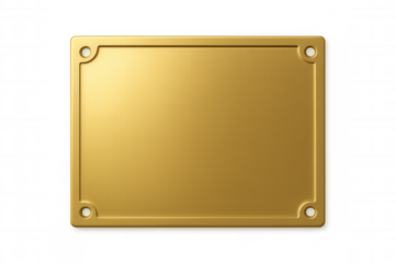 Shiny golden metal plate with rounded corners and screws, isolated on transparent background, ideal for mockups and presentations