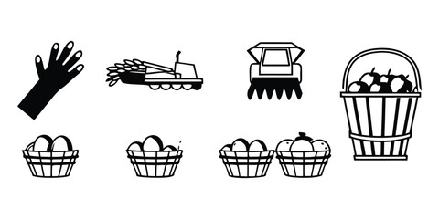 Black and white icons of agricultural harvest and produce including a hand basket of apples and eggs
