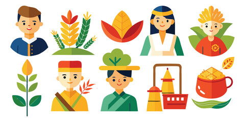 Flat design collection of diverse people and autumn harvest elements fall season