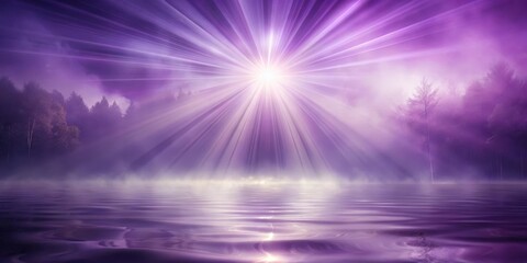 Serene Purple Mist Over a Still Lake with Sun Rays Illuminating a Dreamlike Forest
