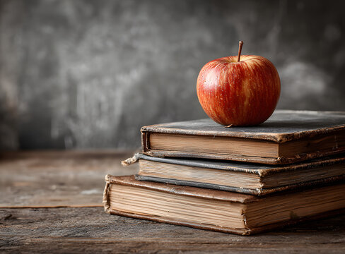Classroom scene with a chalkboard books and an appleready for learning and schol