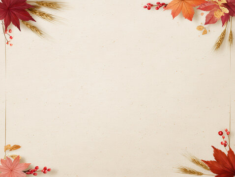 Autumn leaves and wheat stalks frame beige textured background with red berries, creating warm seasonal border for text