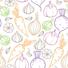 Seamless pattern featuring various vegetables and garlic on a light background.