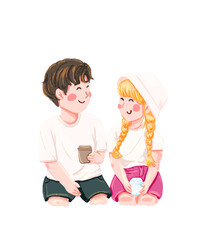 Smiling Couple Sharing Coffee on a Sunny Day, Cute Cartoon Illustration