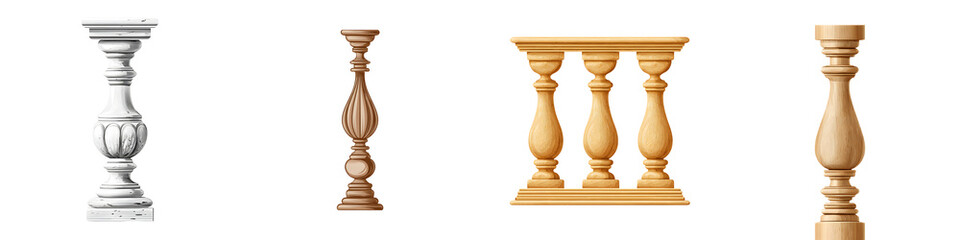 Variety of Wooden and Stone Balusters, Isolated Collection
