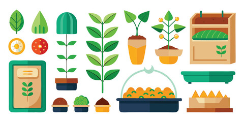 Collection of flat design illustrations of plants and gardening items in green brown and yellow colors