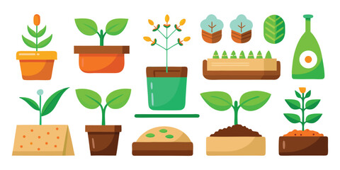 Collection of flat design potted plants and gardening elements in various stages of growth seedling