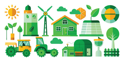 Collection of flat design icons representing renewable energy and agriculture solar power wind turbine