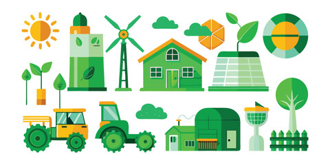 Collection of flat design illustrations of renewable energy and agriculture elements wind turbine