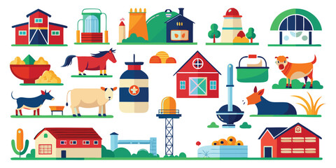 Collection of flat design farm buildings animals and equipment in various colors barn silo