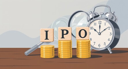 IPO Concept with Coins, Clock, and Magnifying Glass