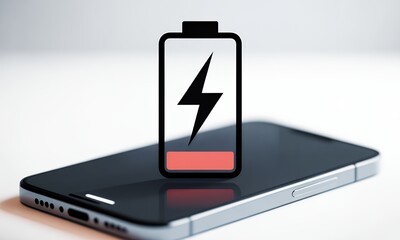 Low Battery Symbol Over Smartphone on White Background