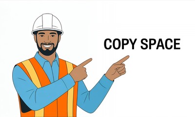 Man in Construction Safety Gear Pointing at Copy Space
