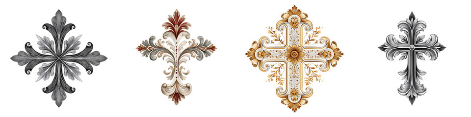 Ornate Cross Design Elements. Antique Religious Ornament, Detailed Isolated Graphics