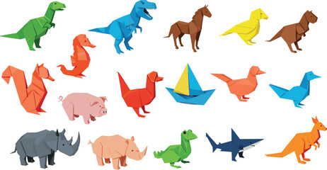 Colorful origami animals, dinosaurs, birds, and sea creatures made from paper, perfect for creative projects, crafts, kids, and education.