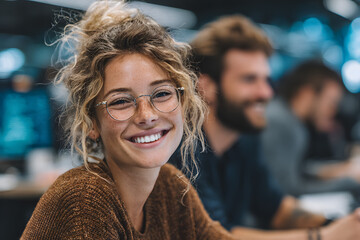 Joyful young professionals studying at office table.Positive collaborative wor environment. Image showcaes a vibrant scene of happness and teamwork among yong individuals in a sharedworkspace.