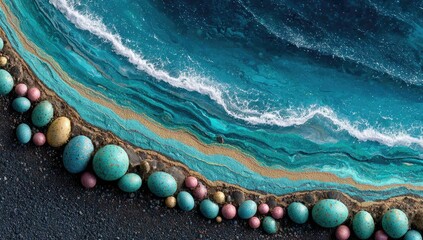 Naklejka premium Abstract seascape artwork. Ocean waves crash on a beach of colorful stones