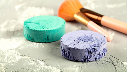 Cosmetic Essentials: A close-up shot of cosmetic products including two vibrant eye shadow palettes and two makeup brushes, showcasing the tools for beauty and artistic expression.