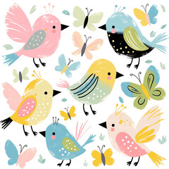 Fototapeta premium Adorable hand-painted birds and butterflies in a playful pastel color palette
