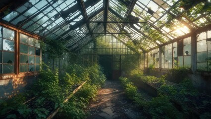 Sun-drenched overgrown greenhouse