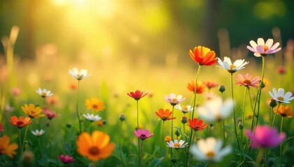 Obraz premium A gently swaying field of wildflowers bathed in soft sunlight, embodying the delicate beauty of nature's imagination and tender touch , meadow, petals, wildflowers