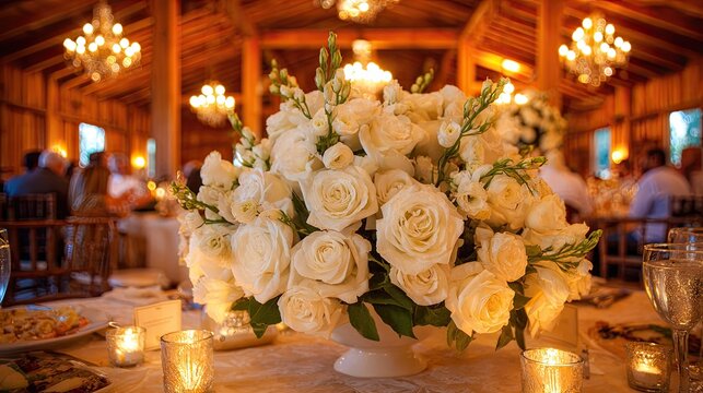 Elegant white rose centerpiece at a rustic wedding reception.