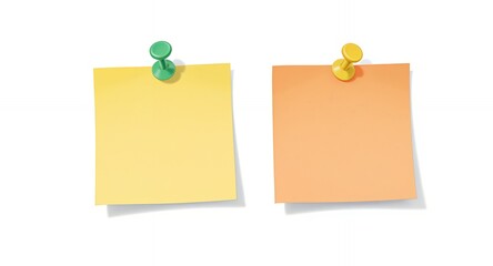 Two Colorful Sticky Notes with Push Pins, Isolated on White Background