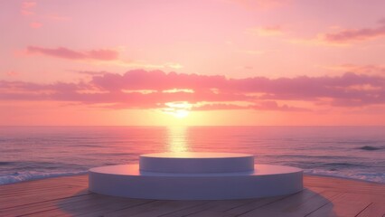 White podium at sunset over the ocean