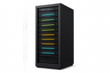 Modern server rack tower with colorful blinking lights isolated on transparent background, ideal for technology and computing concepts