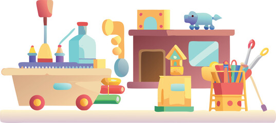 Cartoon illustration featuring a variety of colorful toys and tools scattered playfully across a bright background.