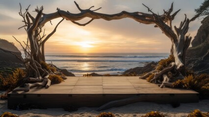 Wooden archway stage at sunset over ocean