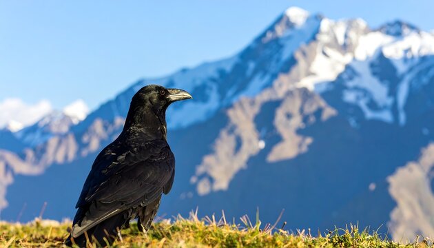 Black bird perched on grassy hill, majestic snow-capped mountains in background