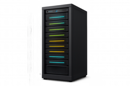 Modern server rack tower with colorful blinking lights isolated on transparent background, ideal for technology and computing concepts