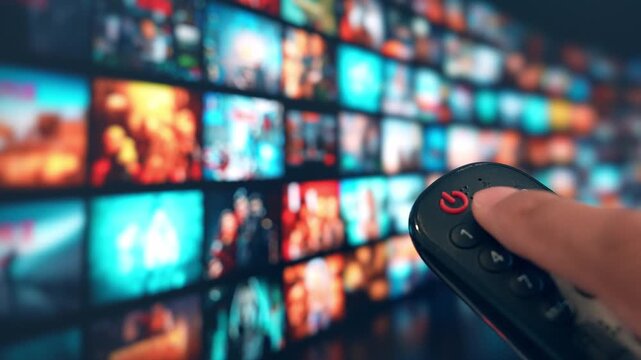 Pointing a remote at a wall of content, the user curates their own entertainment journey merging digital consumption, interactive technology, screen-based leisure, and on-demand media culture.
