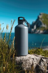 Obraz premium Grey water bottle on coastal rock, ocean view. Nature backdrop, hydration concept