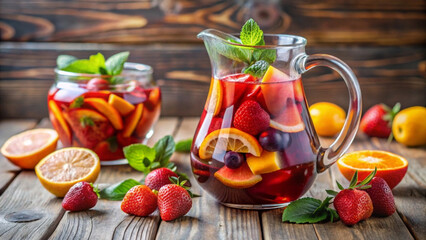 Fresh fruit infused water with strawberries and citrus on a wooden table