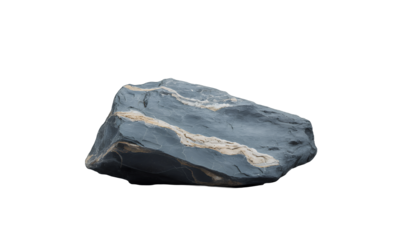 A geological specimen, a rough grey stone with white veins, displayed on a minimalist grey platform, perfect for scientific, educational, or industrial design projects.